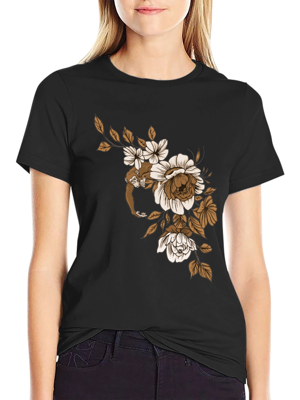 Monkey Floral Graphic Black T-Shirt