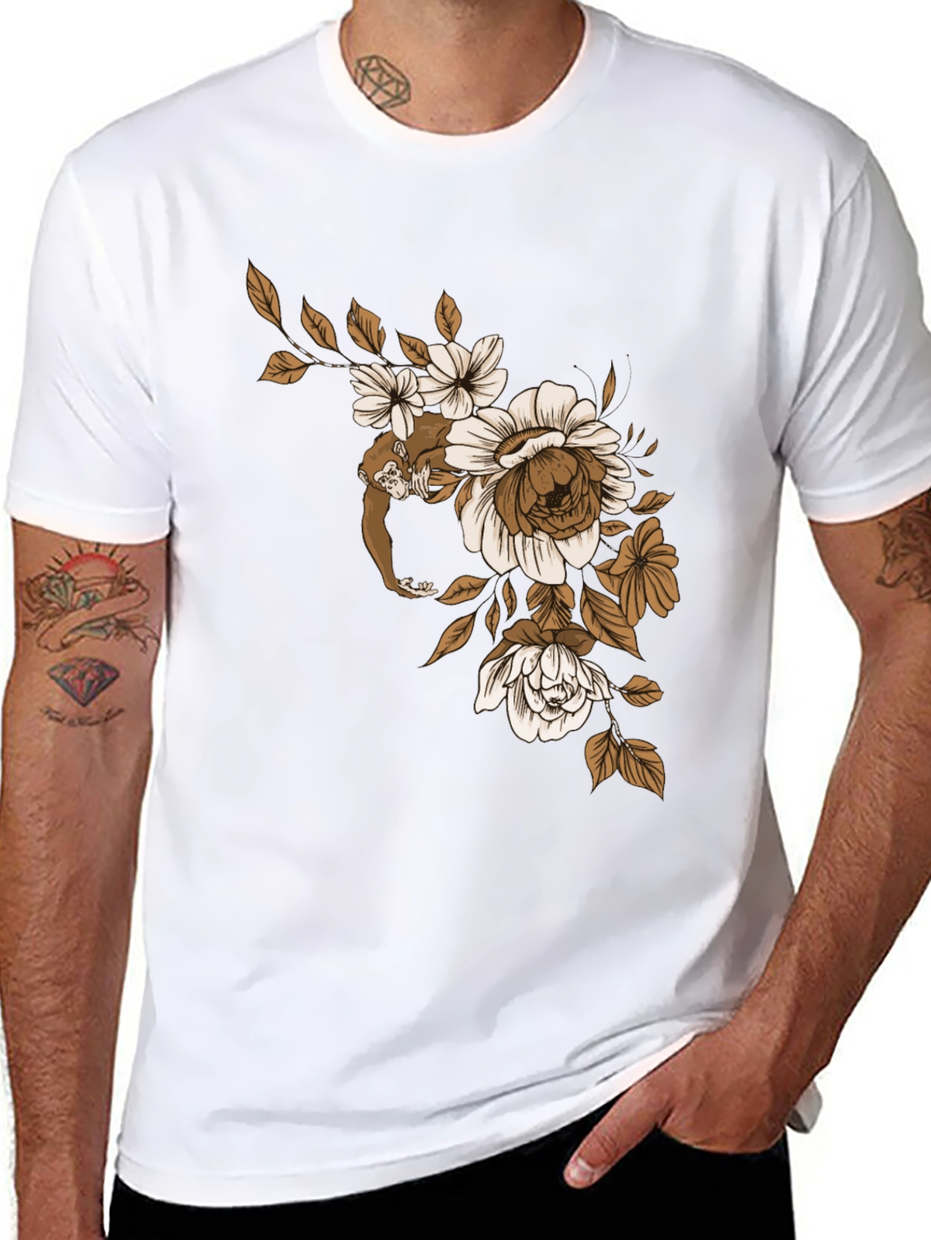 Monkey Floral Graphic Black T-Shirt