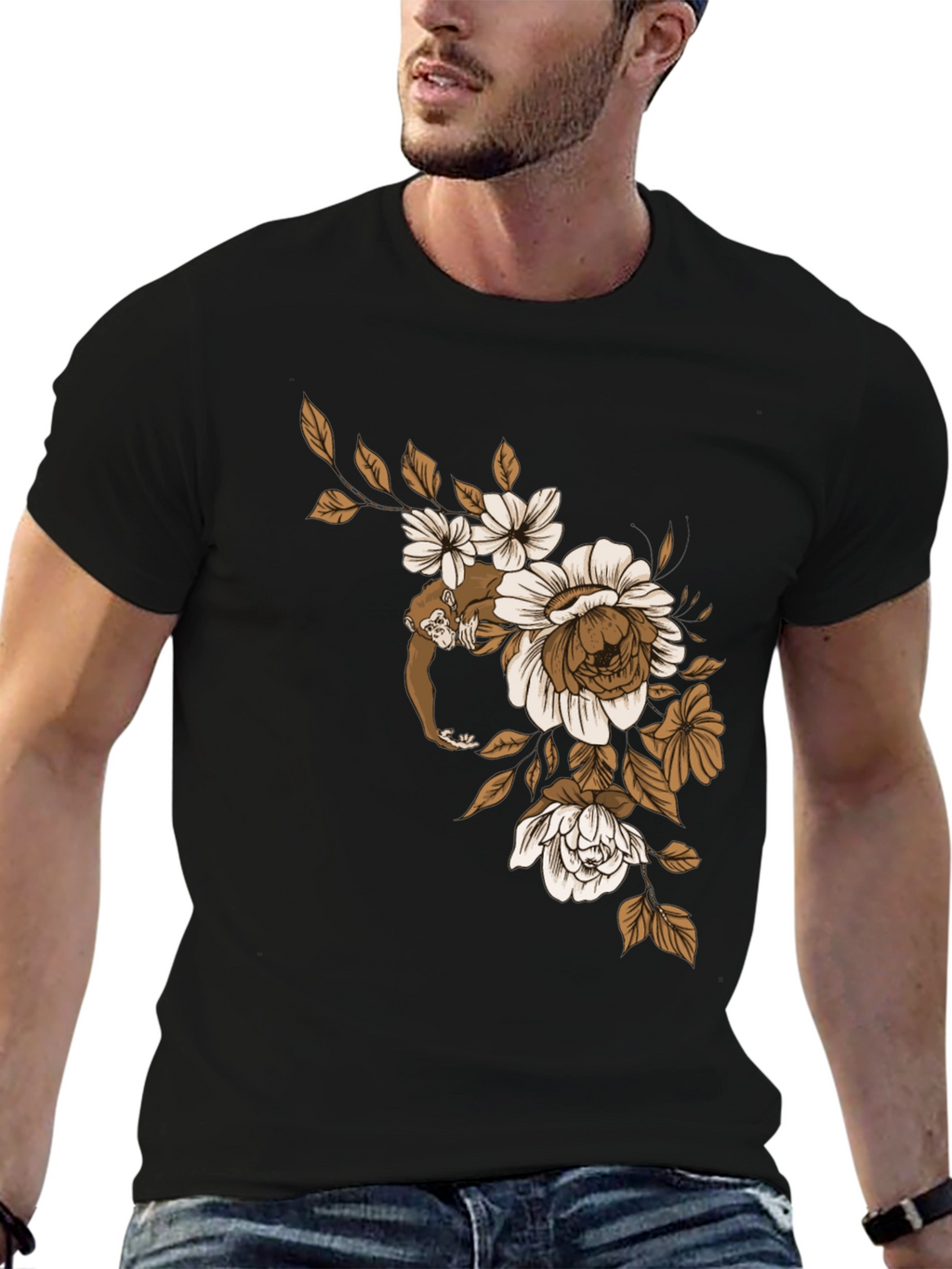 Monkey Floral Graphic Black T-Shirt