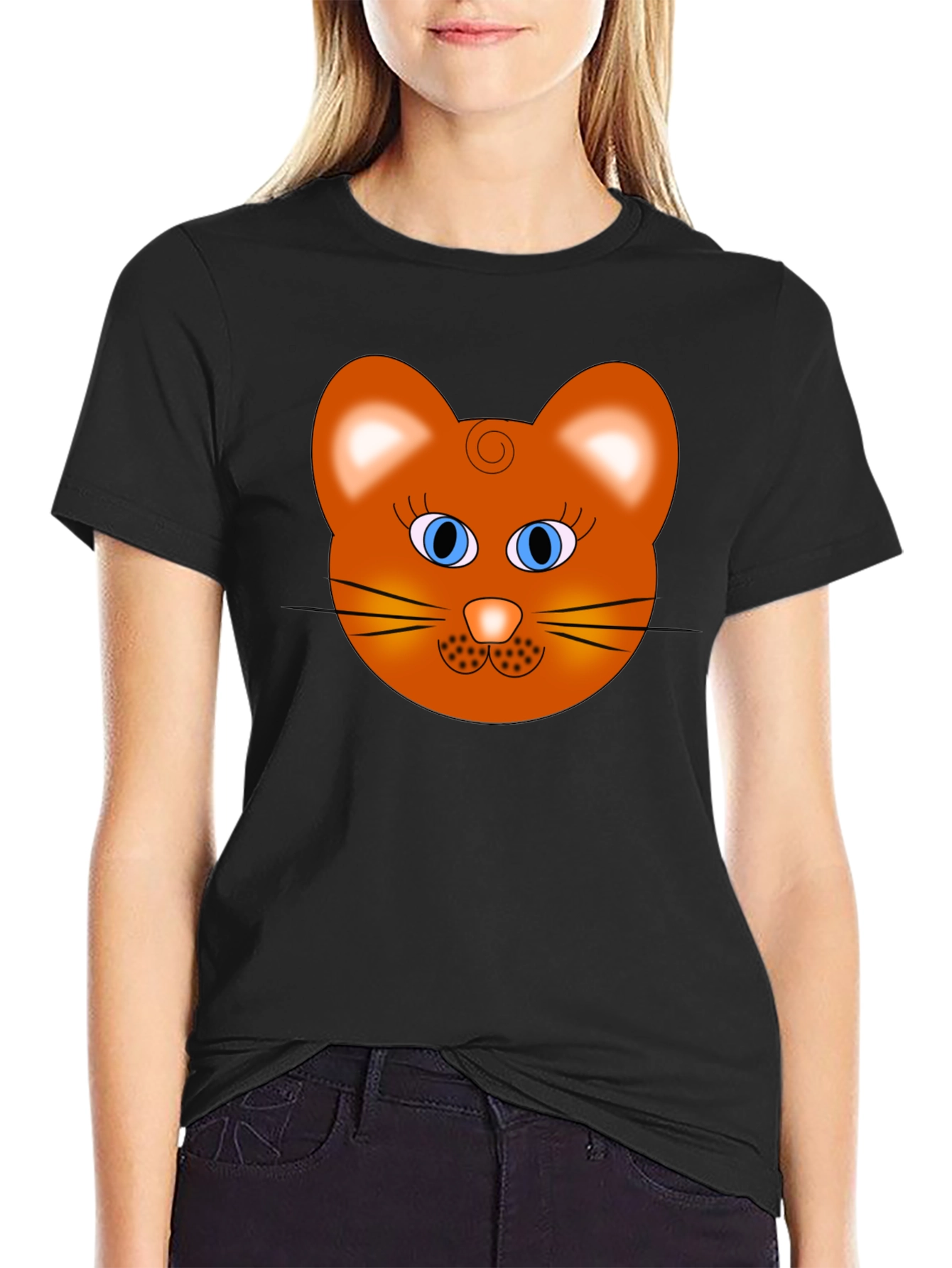 Cartoon Cat Face Graphic T-Shirt