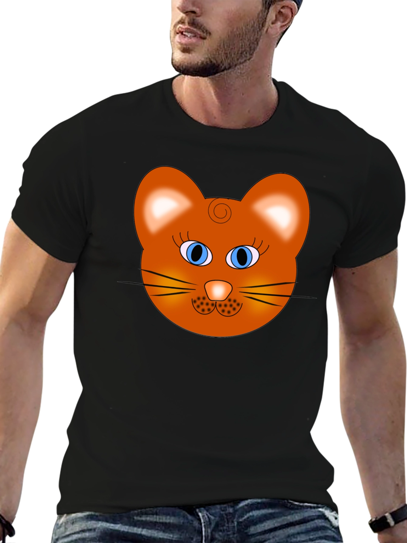 Cartoon Cat Face Graphic T-Shirt