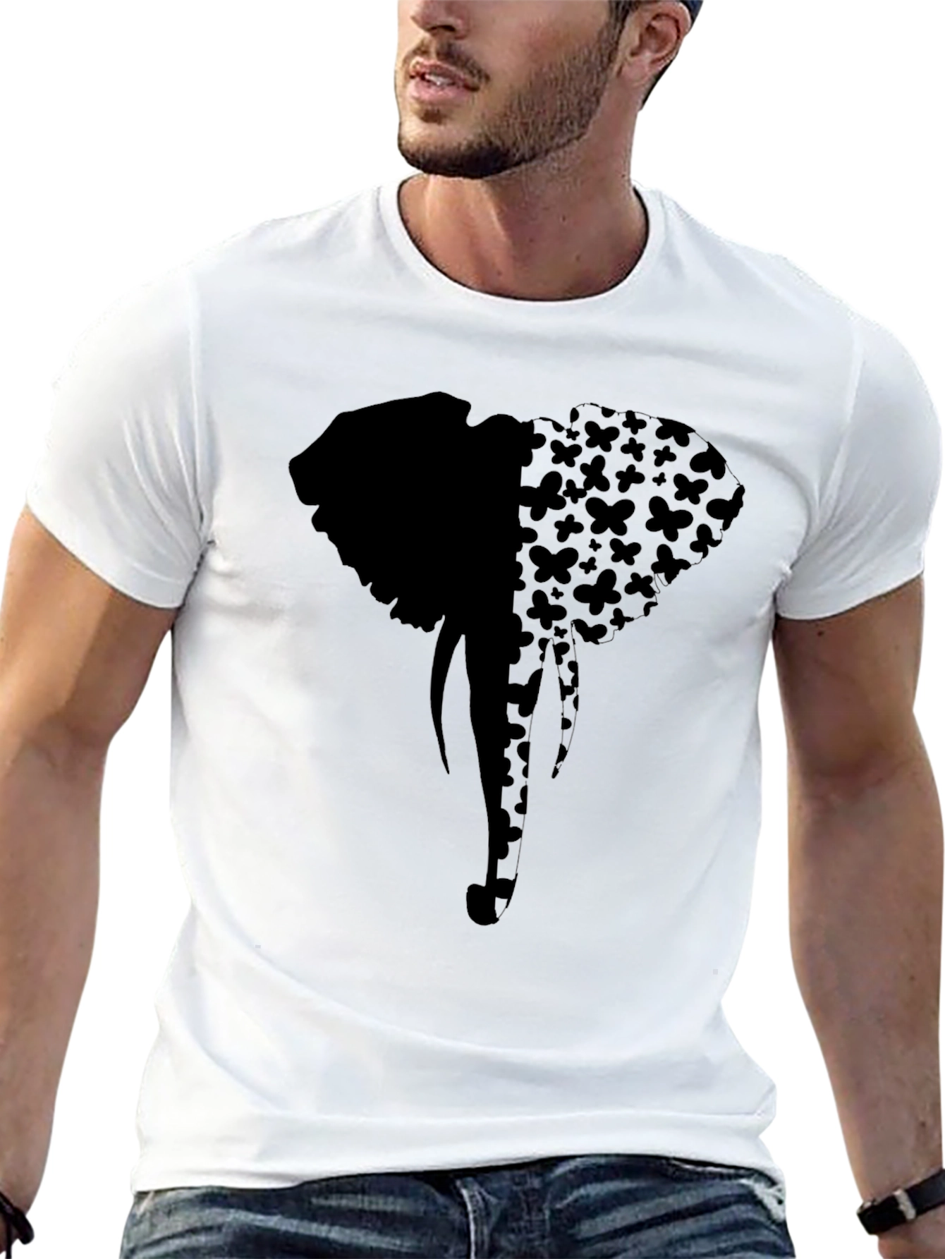 Elephant Butterfly Print Tee - Stylish Black Graphic T-Shirt