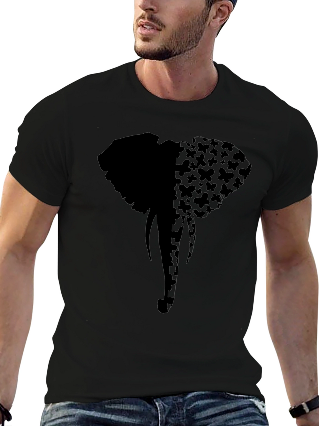 Elephant Butterfly Print Tee - Stylish Black Graphic T-Shirt