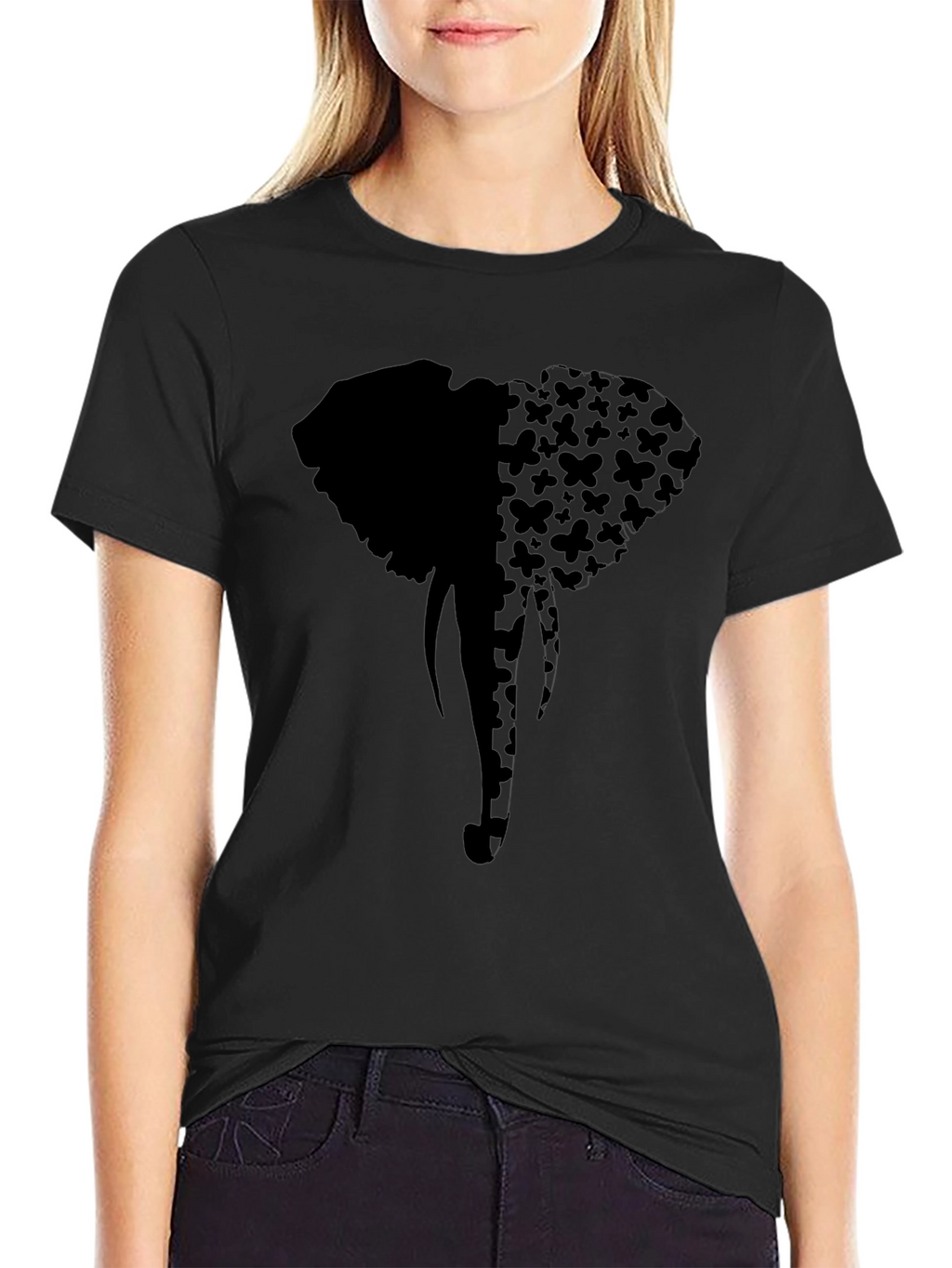 Elephant Butterfly Print Tee - Stylish Black Graphic T-Shirt