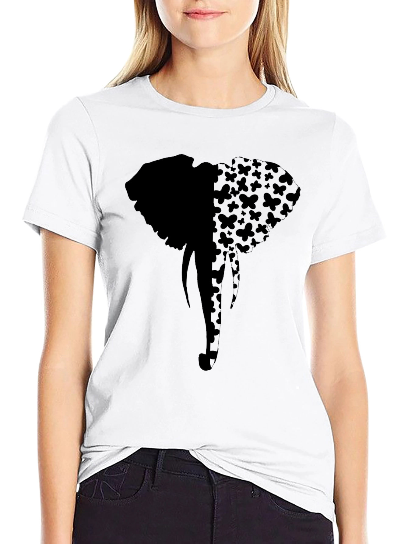 Elephant Butterfly Print Tee - Stylish Black Graphic T-Shirt