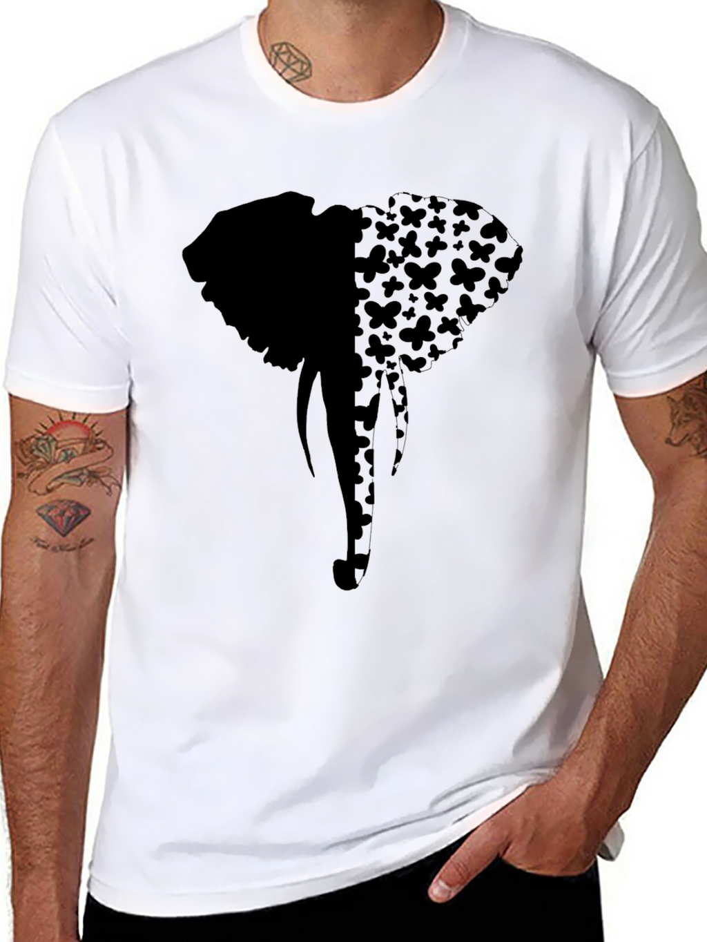 Elephant Butterfly Print Tee - Stylish Black Graphic T-Shirt