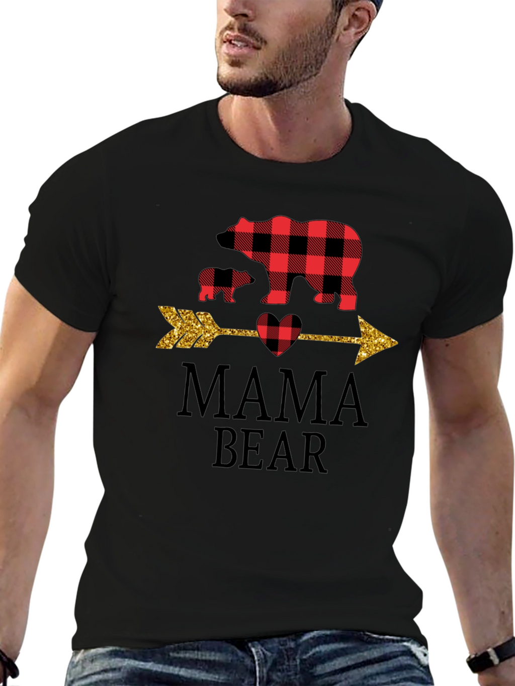 Mama Bear Graphic Tee - Cute Plaid Bear Design
