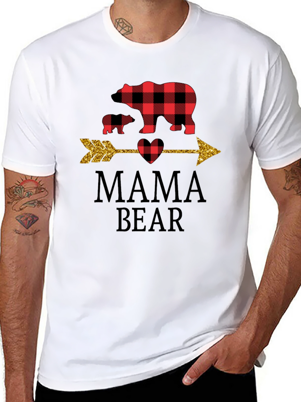 Mama Bear Graphic Tee - Cute Plaid Bear Design
