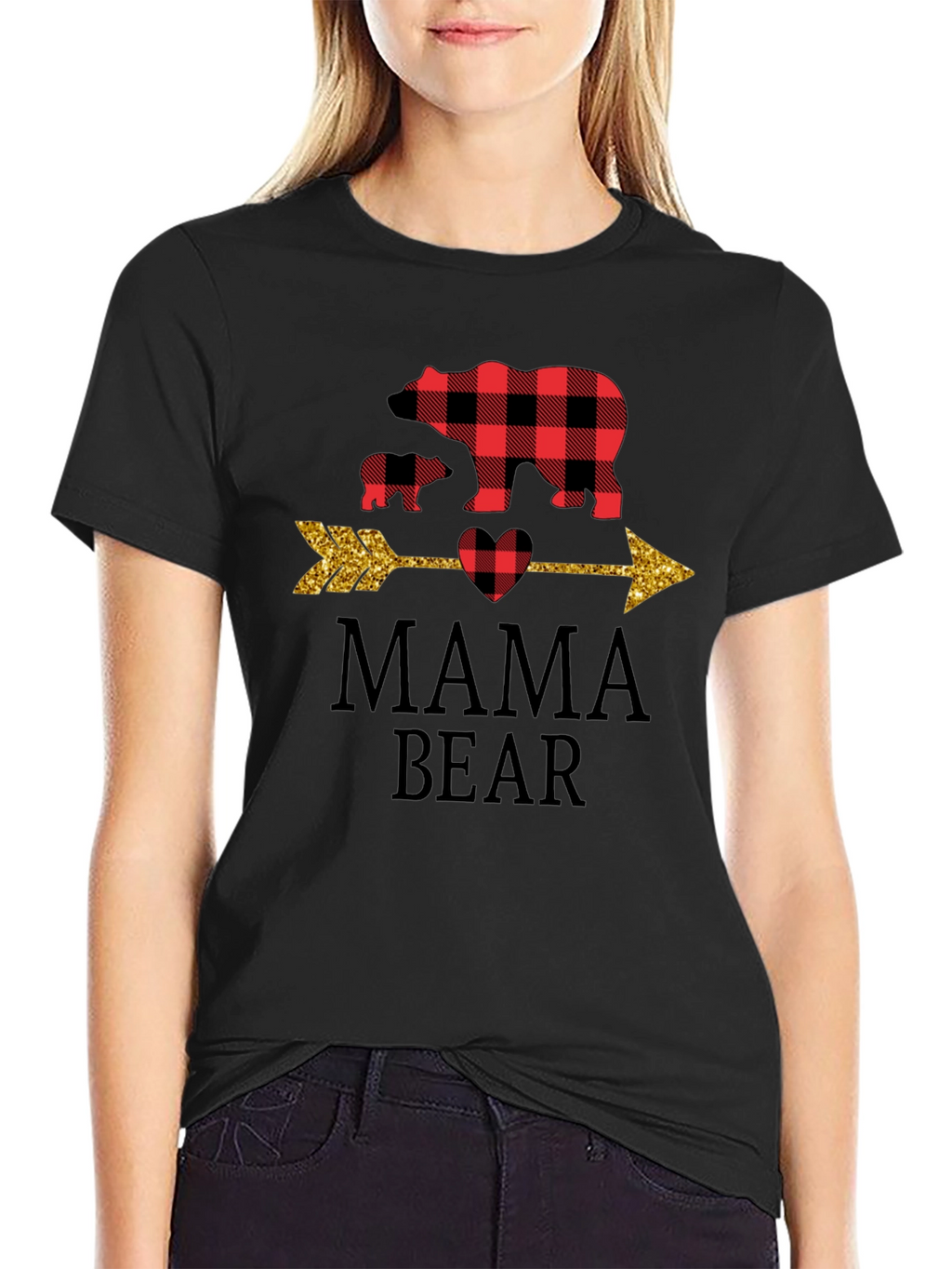 Mama Bear Graphic Tee - Cute Plaid Bear Design