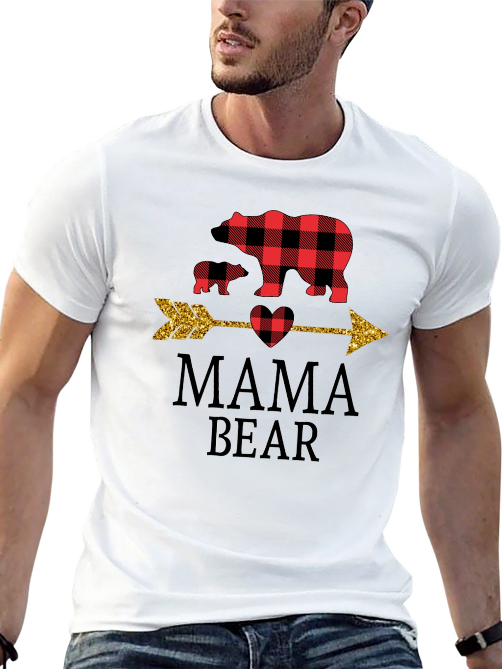 Mama Bear Graphic Tee - Cute Plaid Bear Design