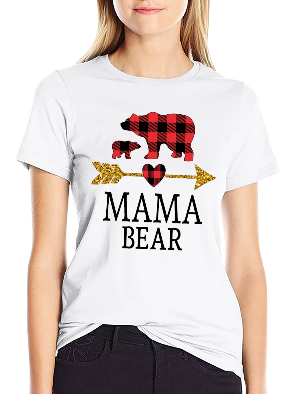 Mama Bear Graphic Tee - Cute Plaid Bear Design