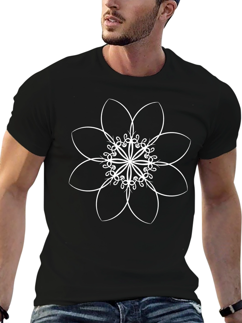 Black T-Shirt with White Floral Design