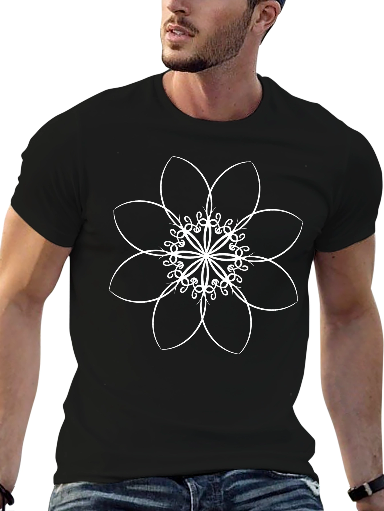 Black T-Shirt with White Floral Design