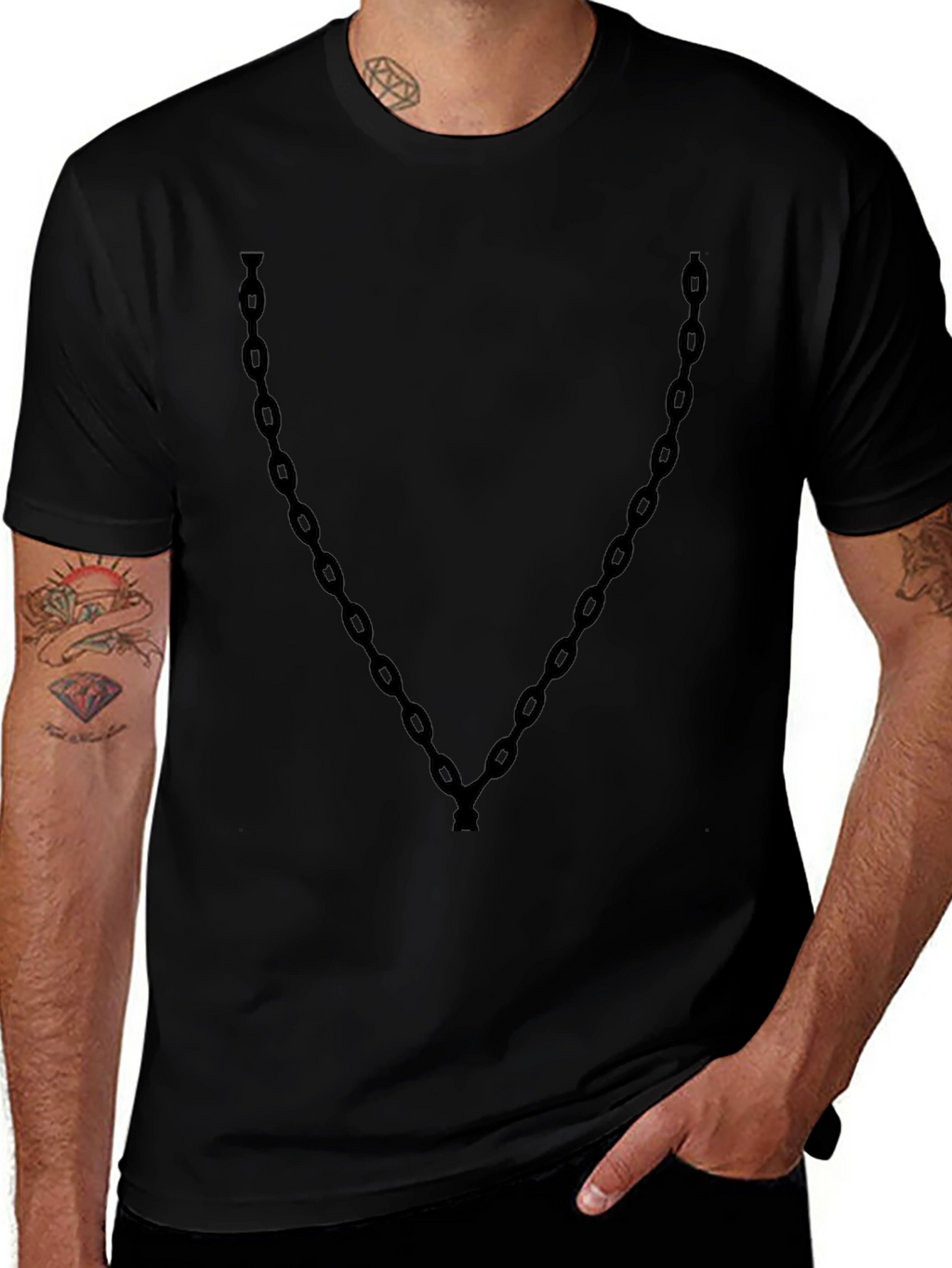Mens Black T-Shirt with Chain Print