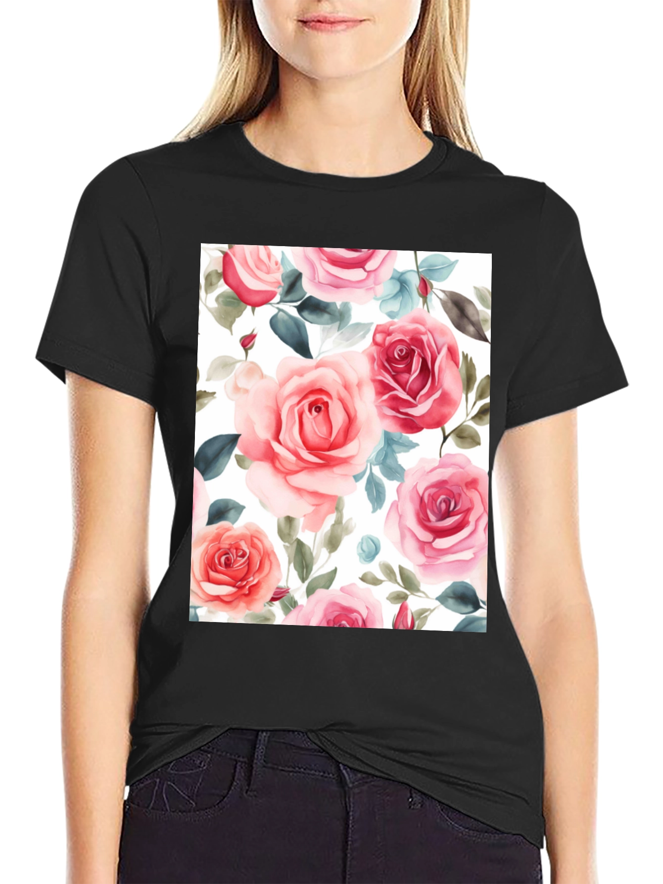 Floral Rose Print Black T-Shirt