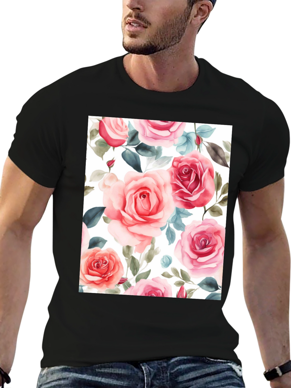 Floral Rose Print Black T-Shirt