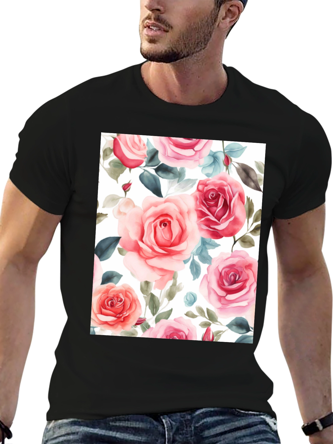 Floral Rose Print Black T-Shirt