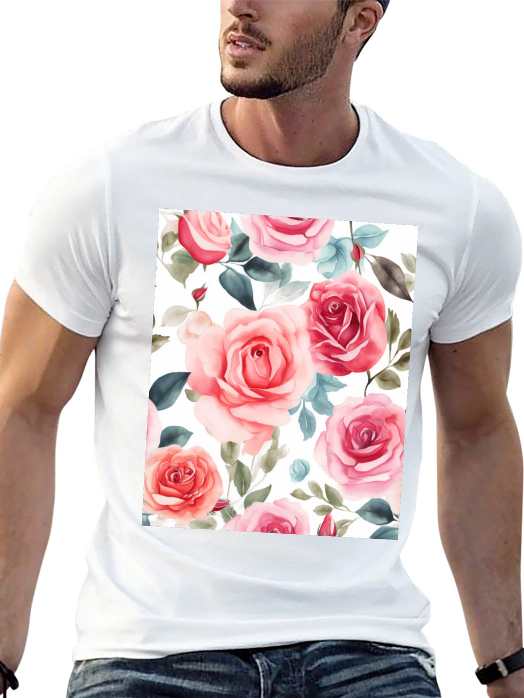 Floral Rose Print Black T-Shirt