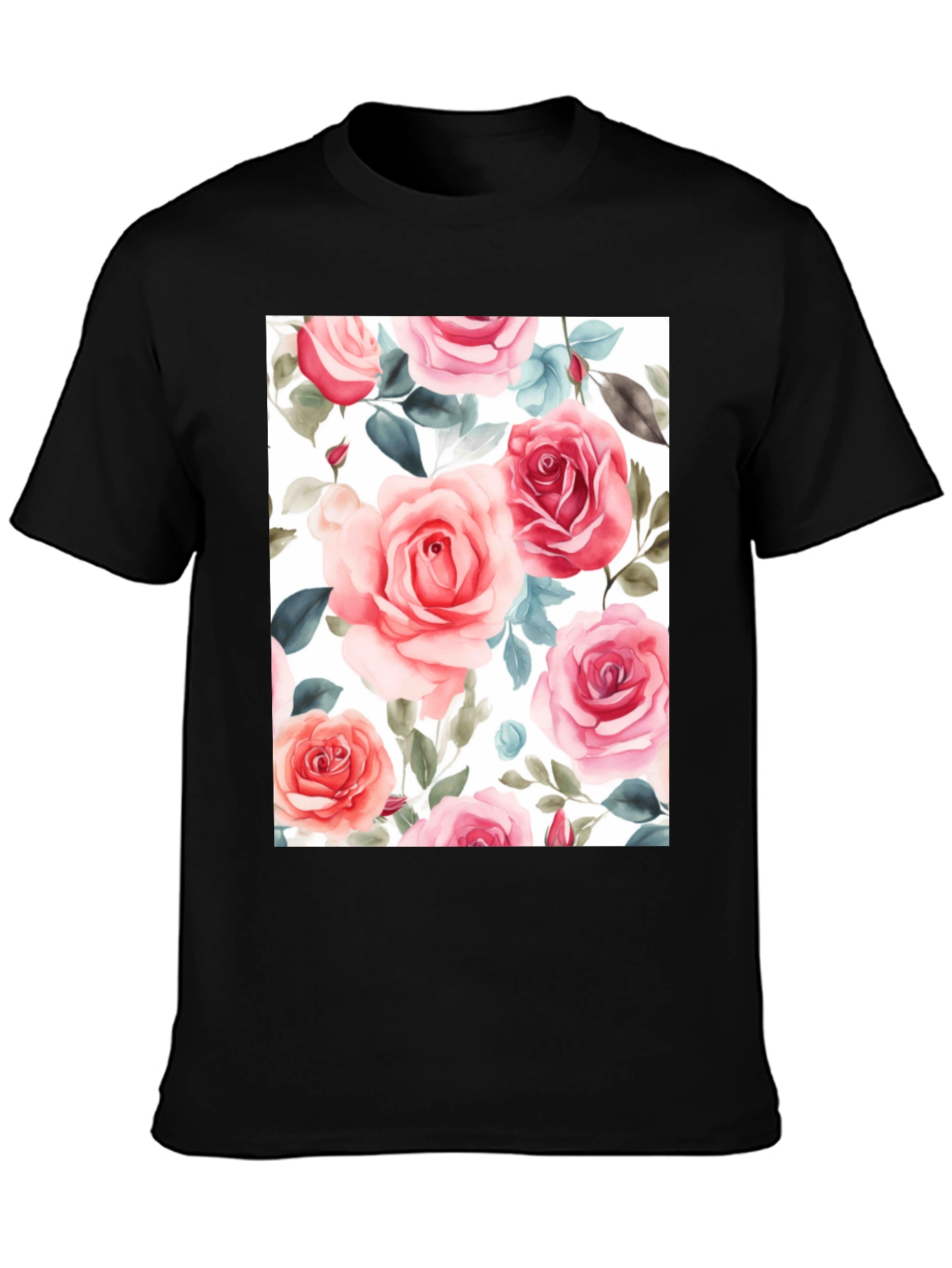 Floral Rose Print Black T-Shirt