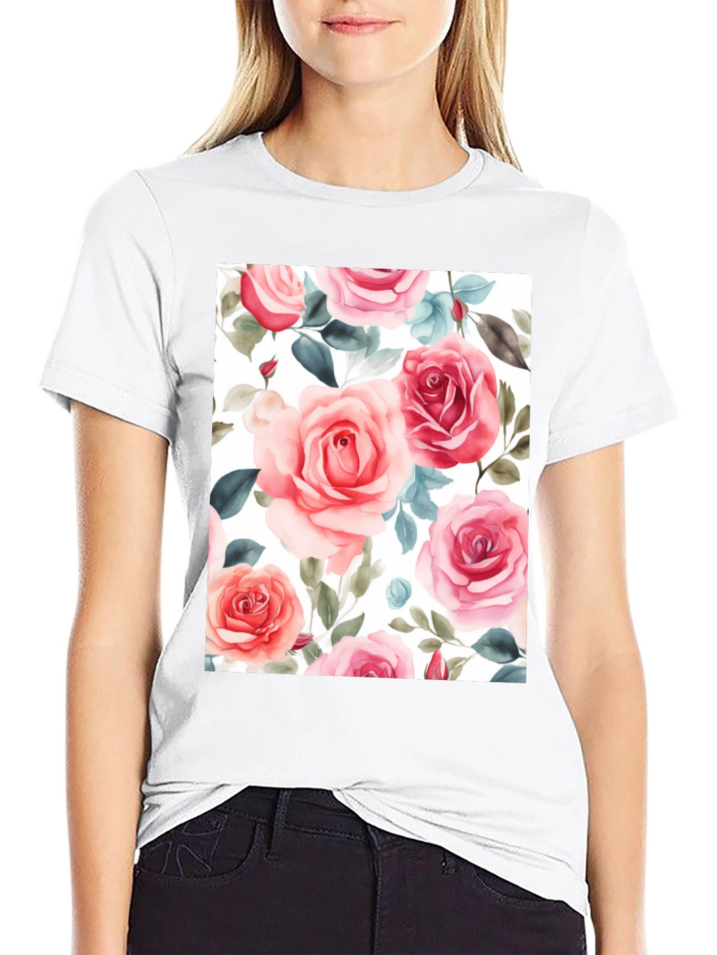 Floral Rose Print Black T-Shirt