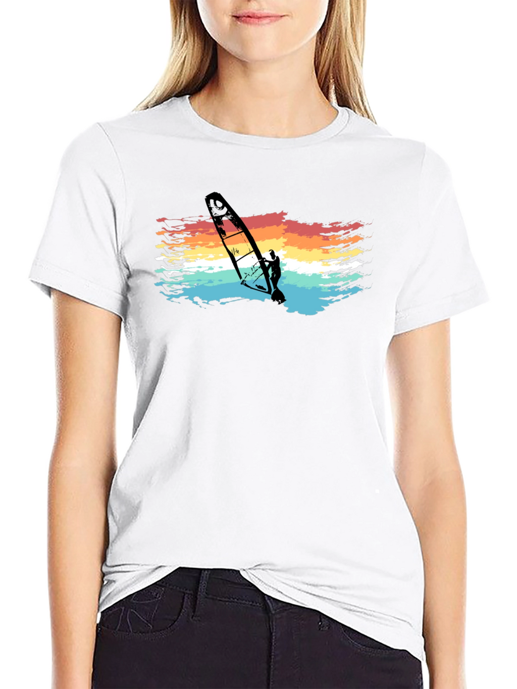 Retro Windsurfer Graphic Tee - Black Cotton T-Shirt