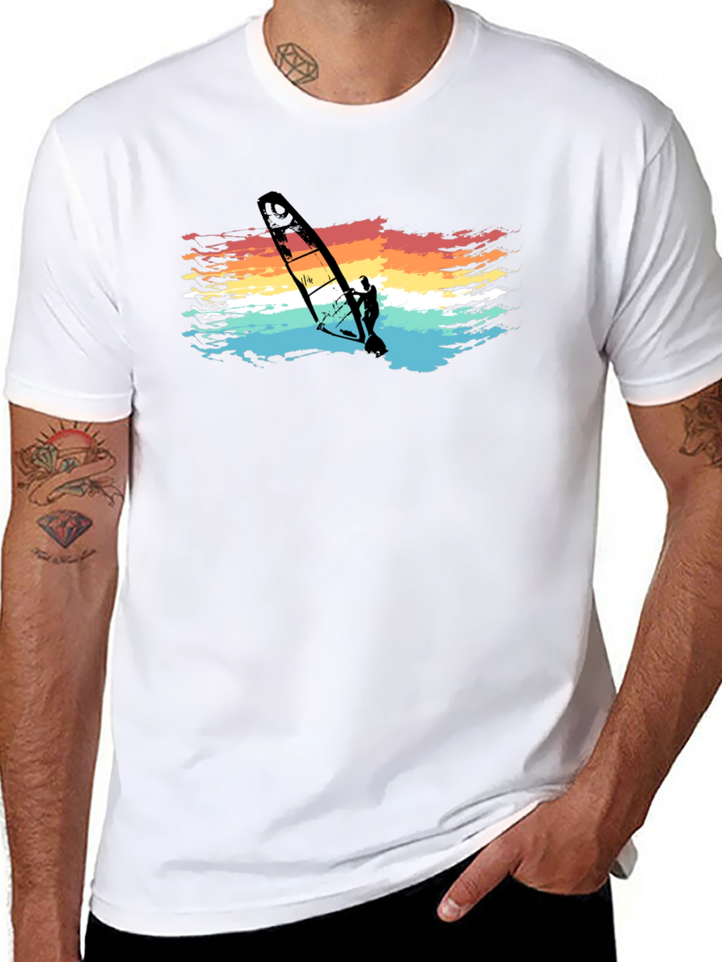 Retro Windsurfer Graphic Tee - Black Cotton T-Shirt