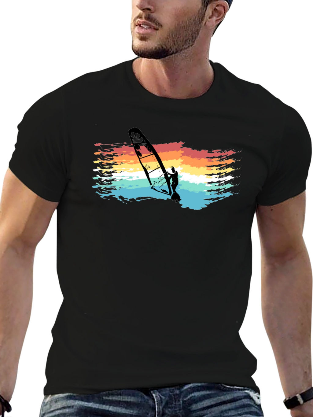 Retro Windsurfer Graphic Tee - Black Cotton T-Shirt