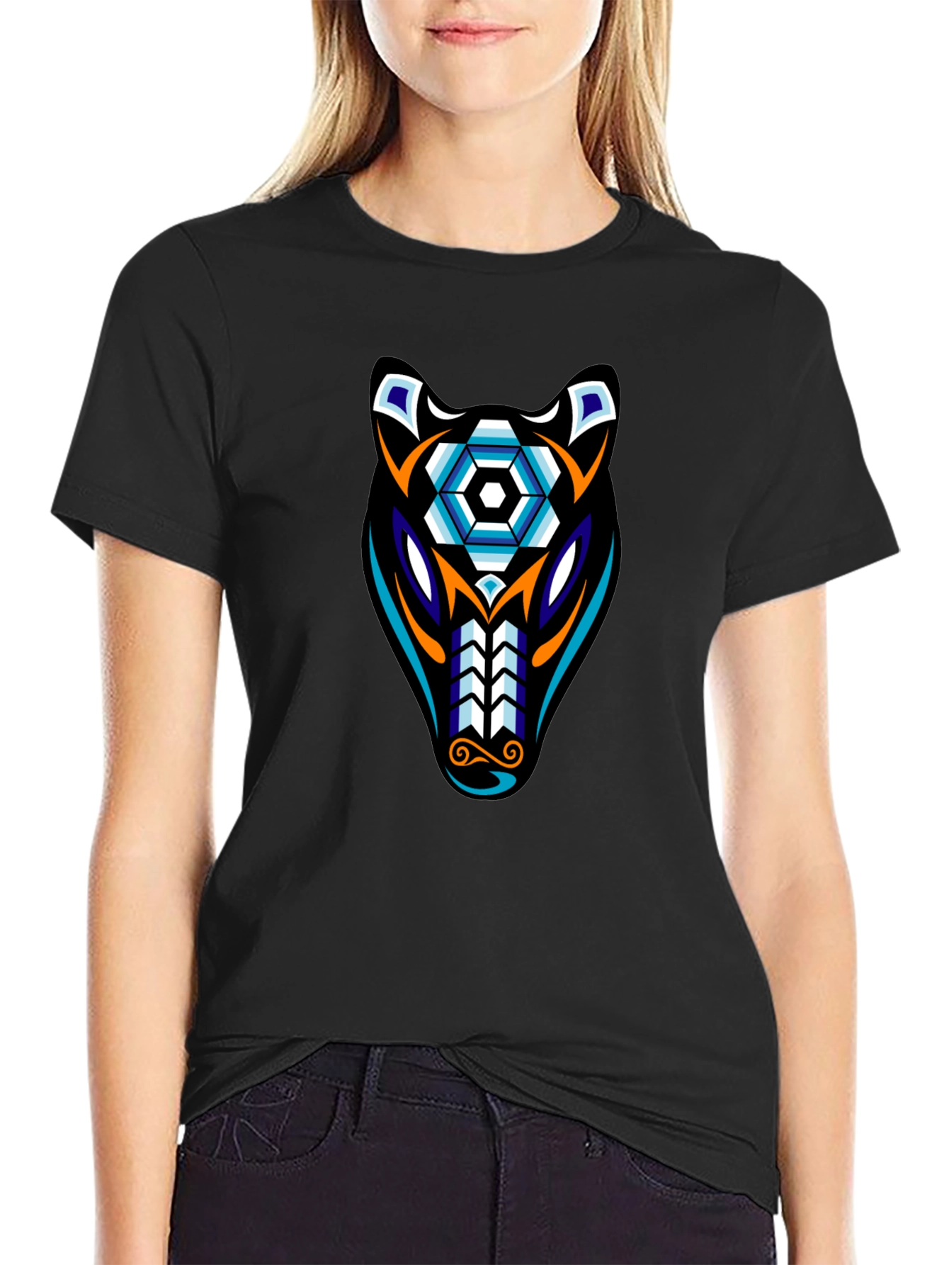 Geometric Wolf Graphic Tee - Black Cotton Blend
