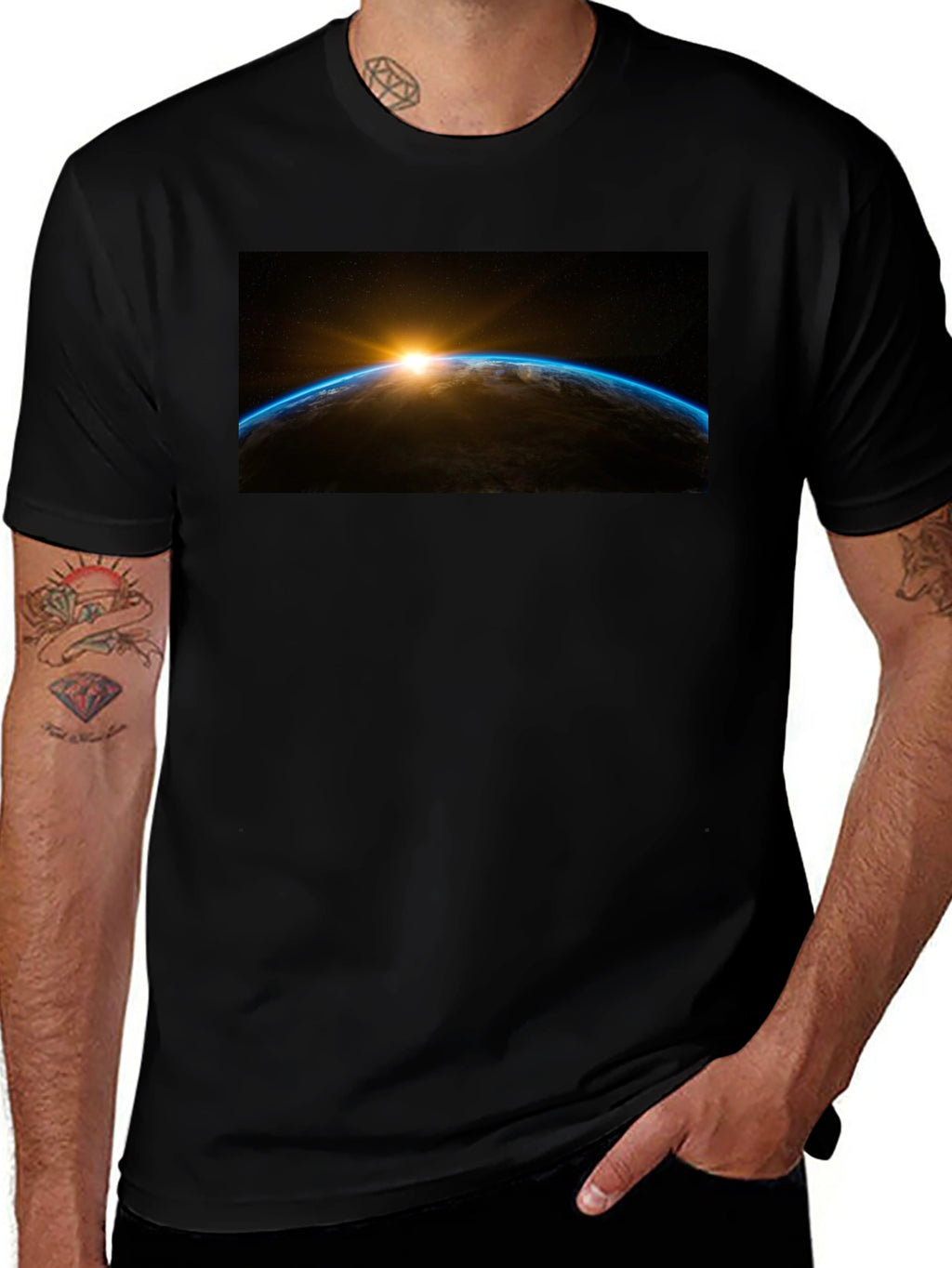 Sunrise Earth Graphic Tee - Black Cotton T-Shirt