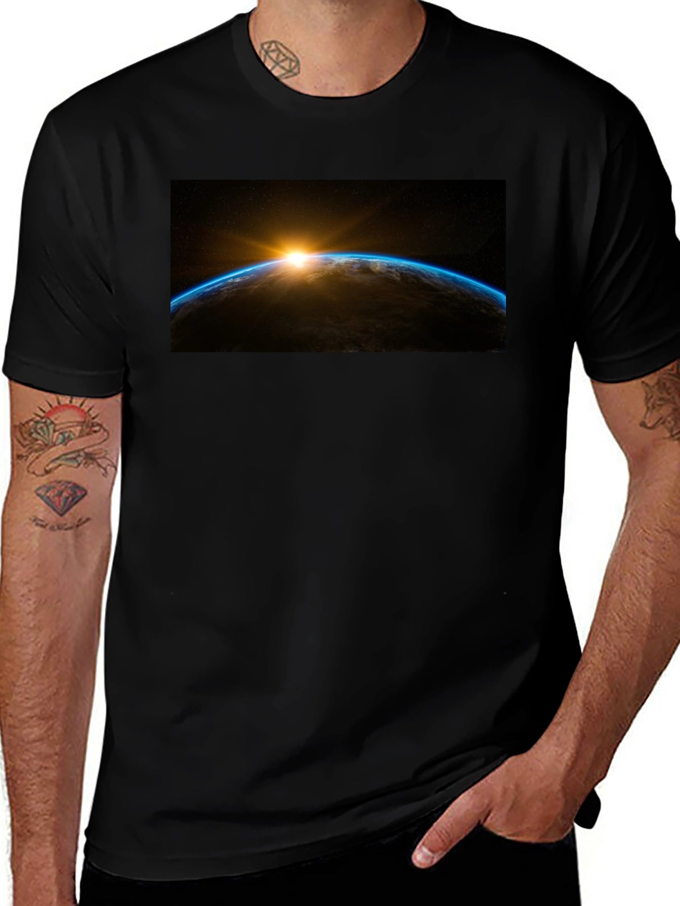 Sunrise Earth Graphic Tee - Black Cotton T-Shirt