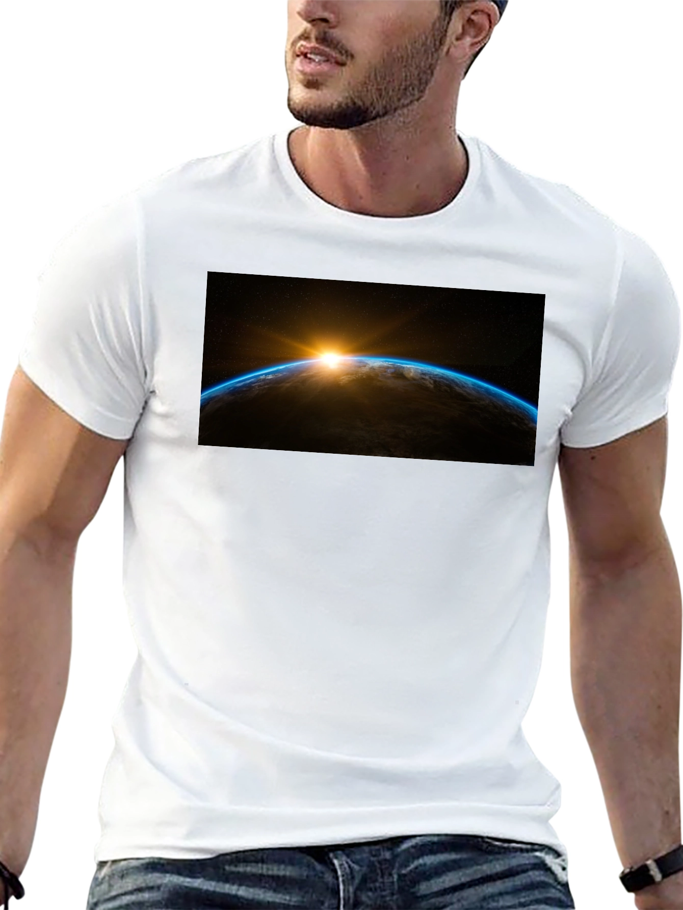 Sunrise Earth Graphic Tee - Black Cotton T-Shirt