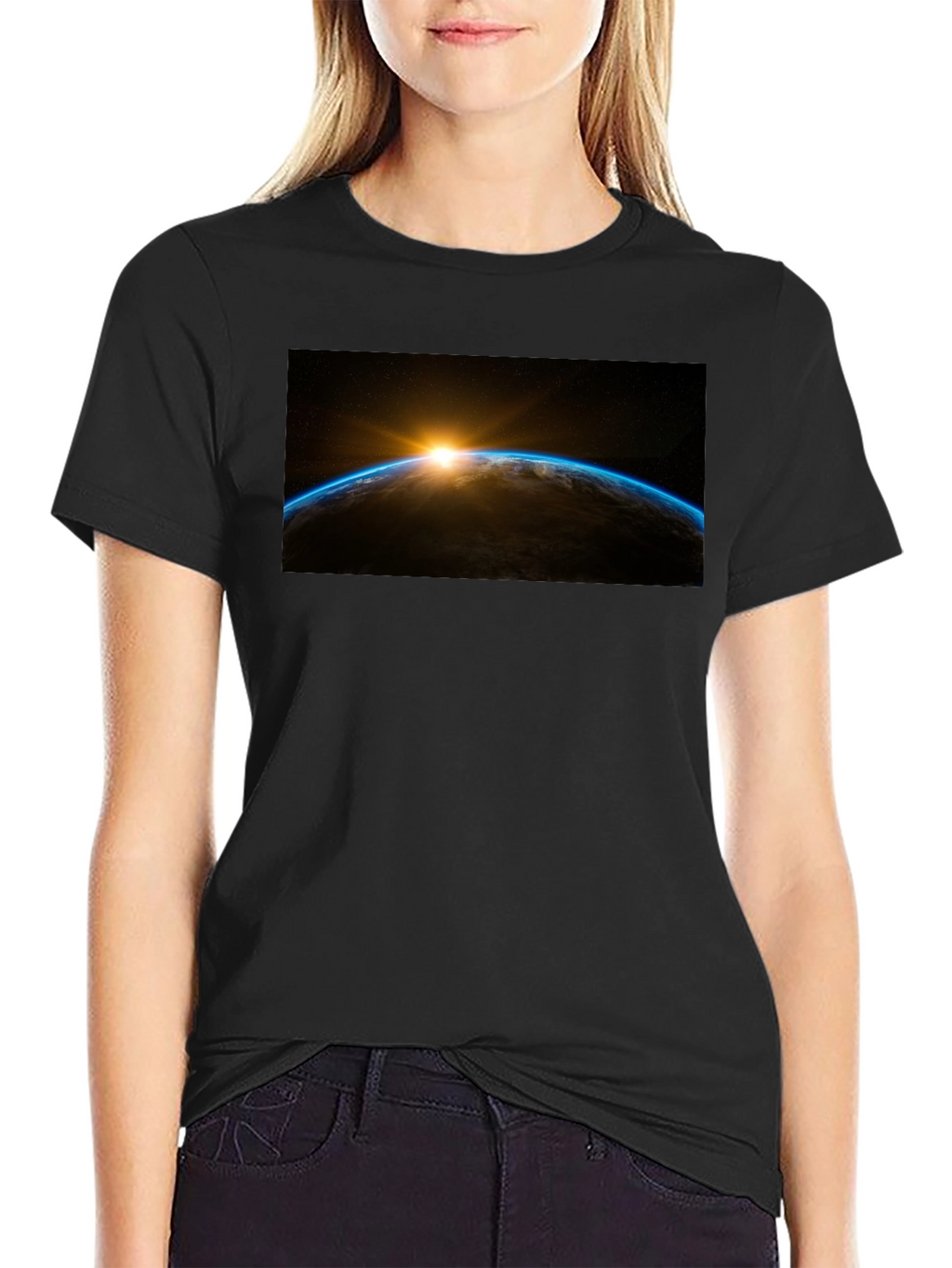 Sunrise Earth Graphic Tee - Black Cotton T-Shirt
