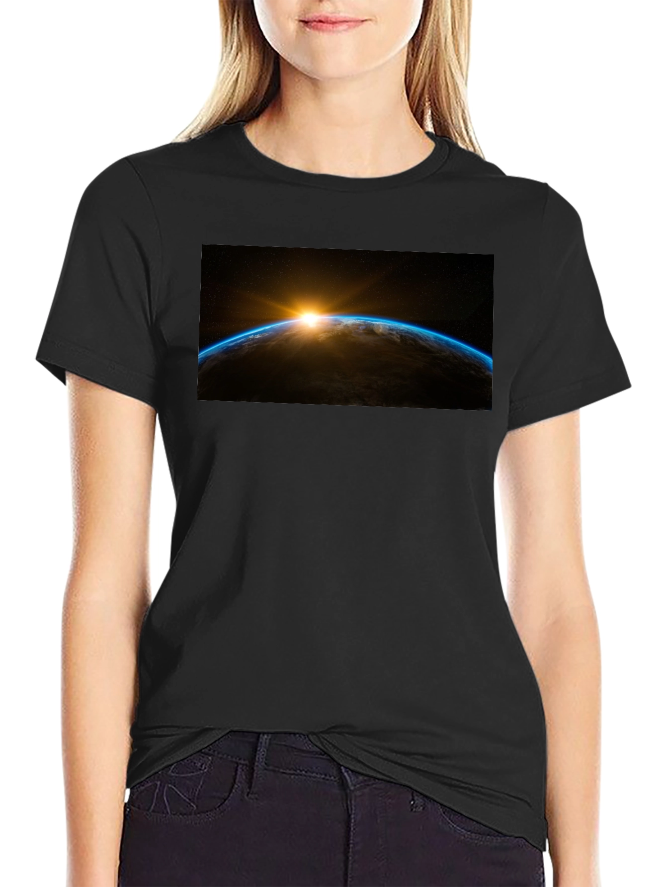 Sunrise Earth Graphic Tee - Black Cotton T-Shirt