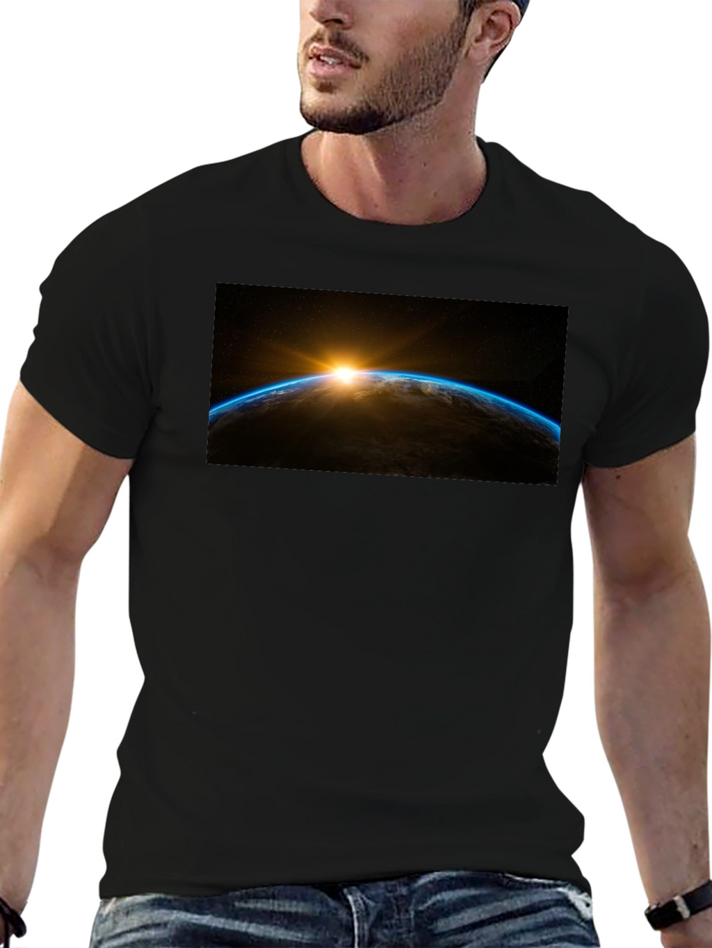 Sunrise Earth Graphic Tee - Black Cotton T-Shirt