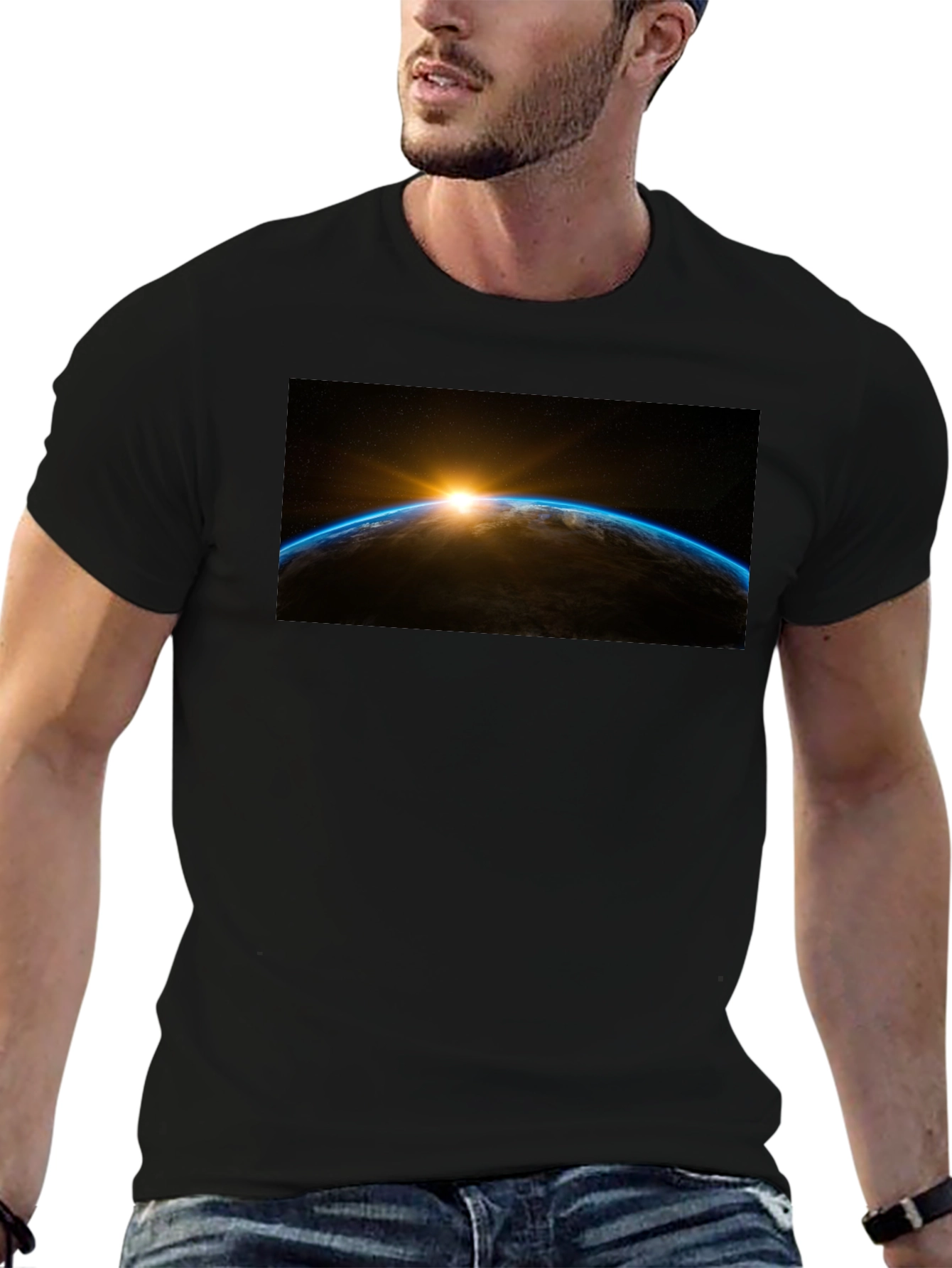 Sunrise Earth Graphic Tee - Black Cotton T-Shirt