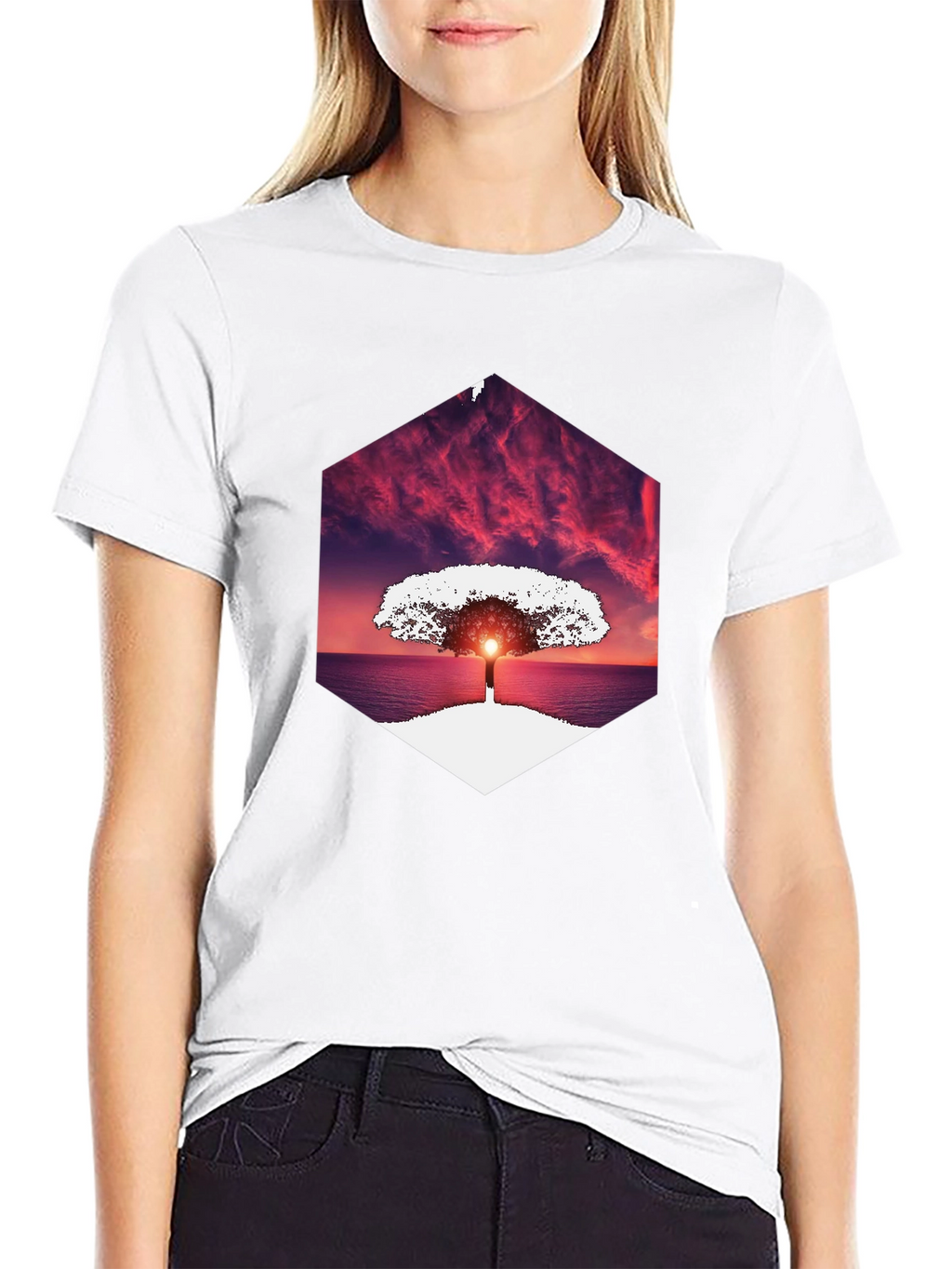 Sunset Tree Graphic Tee - Unique Hexagon Design