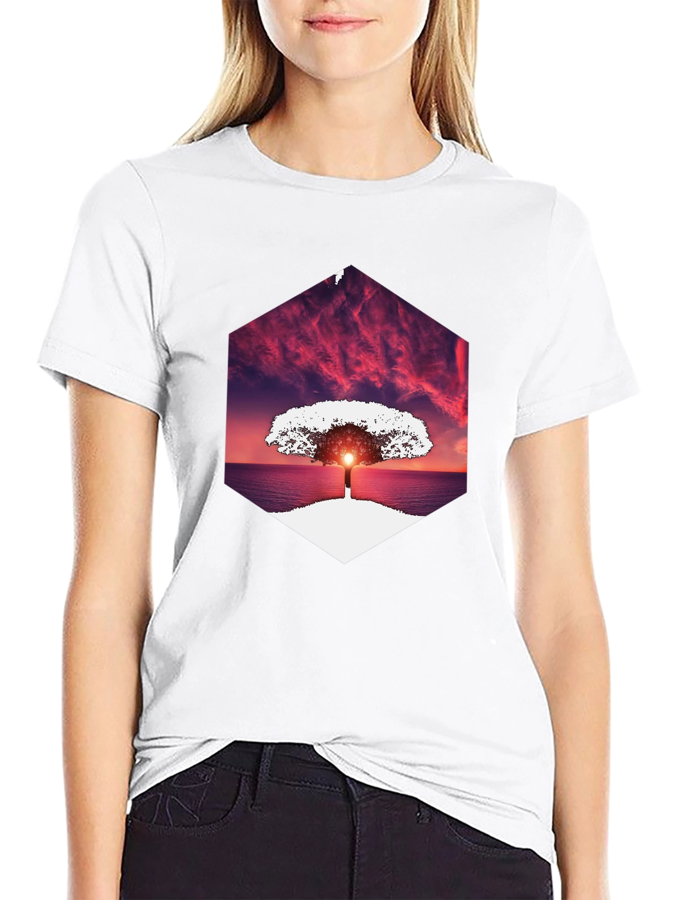Sunset Tree Graphic Tee - Unique Hexagon Design