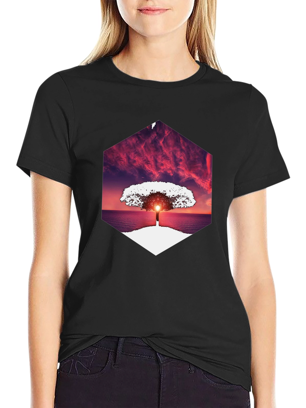 Sunset Tree Graphic Tee - Unique Hexagon Design