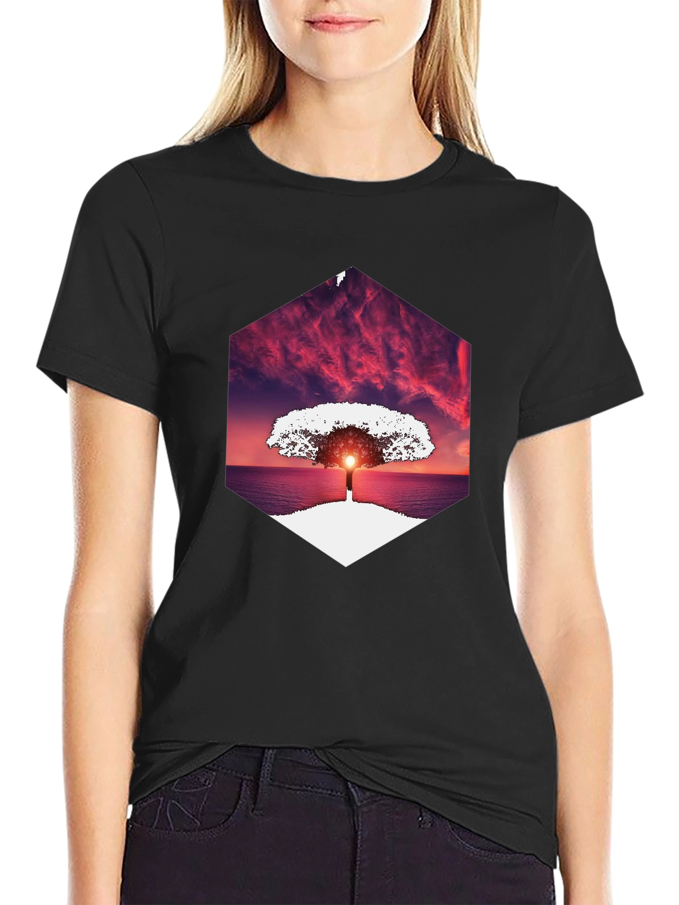 Sunset Tree Graphic Tee - Unique Hexagon Design
