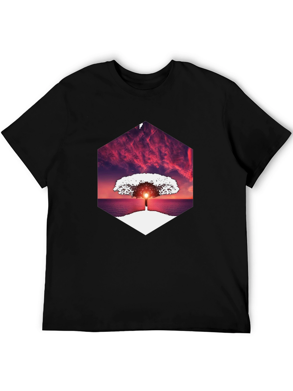 Sunset Tree Graphic Tee - Unique Hexagon Design