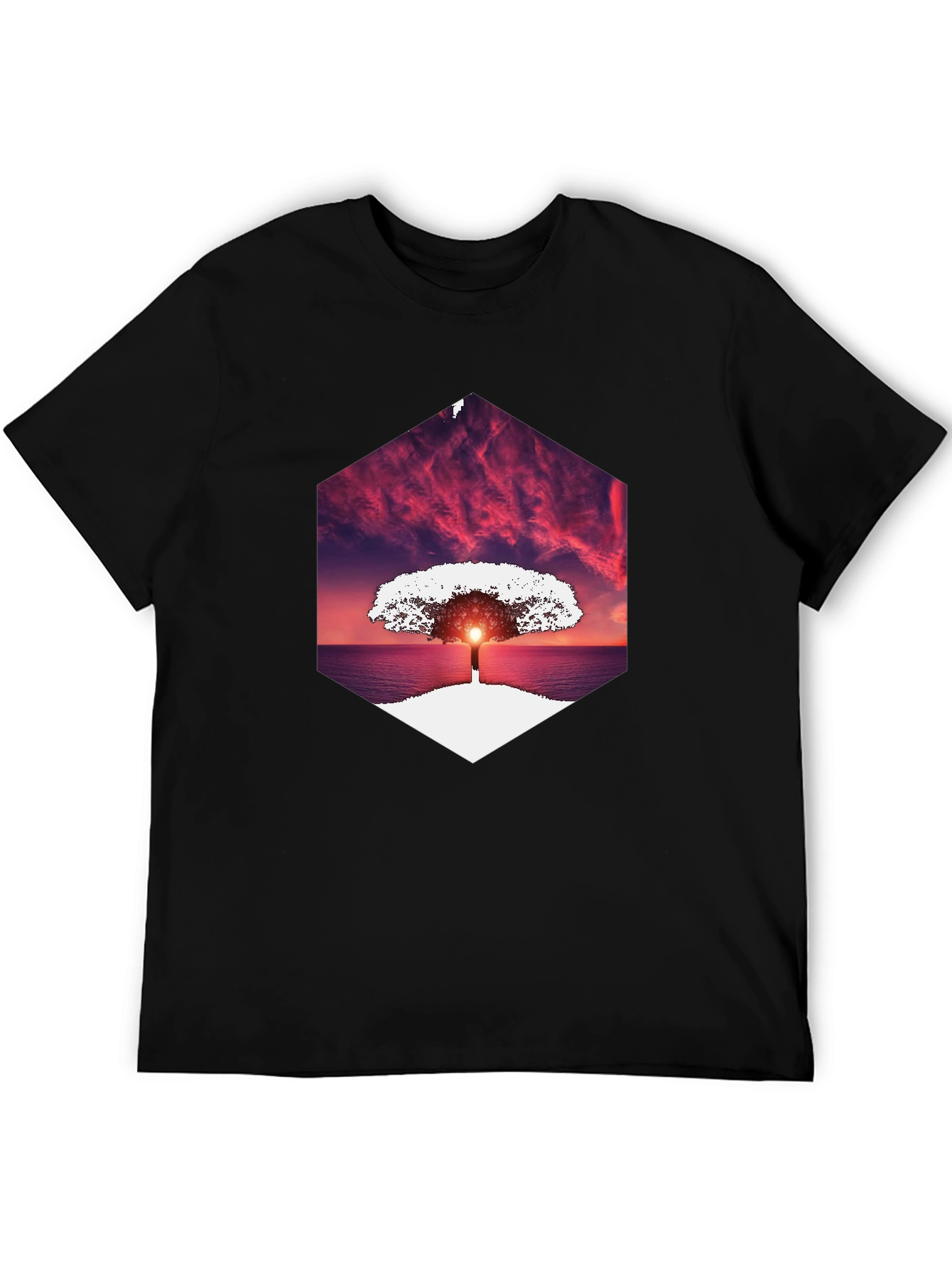 Sunset Tree Graphic Tee - Unique Hexagon Design