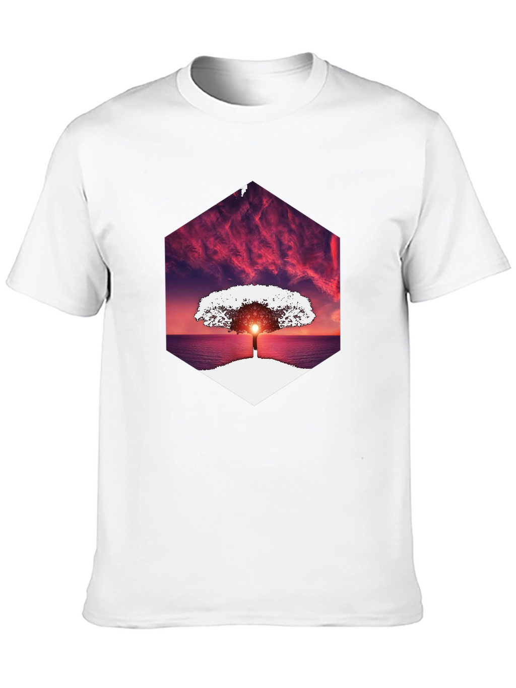 Sunset Tree Graphic Tee - Unique Hexagon Design