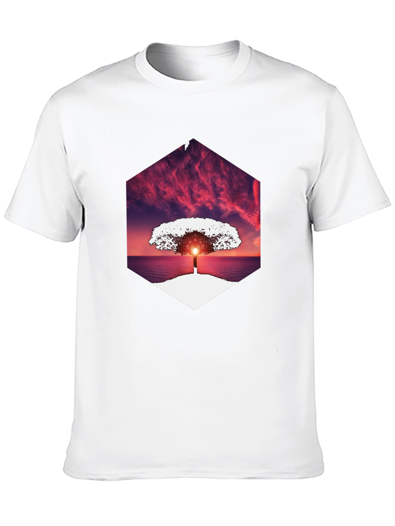 Sunset Tree Graphic Tee - Unique Hexagon Design