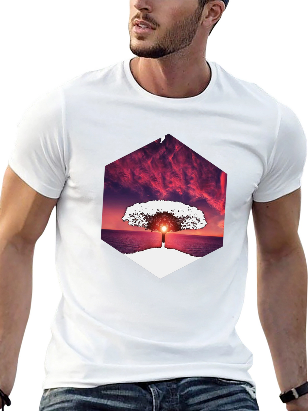 Sunset Tree Graphic Tee - Unique Hexagon Design