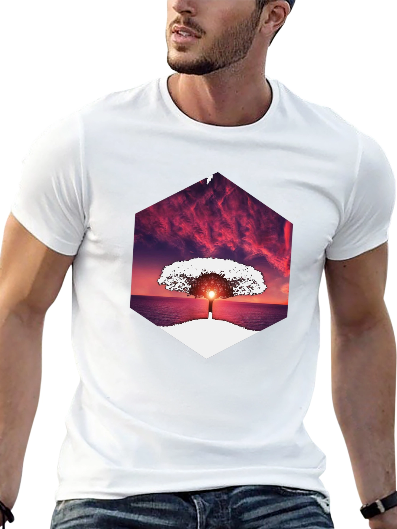Sunset Tree Graphic Tee - Unique Hexagon Design