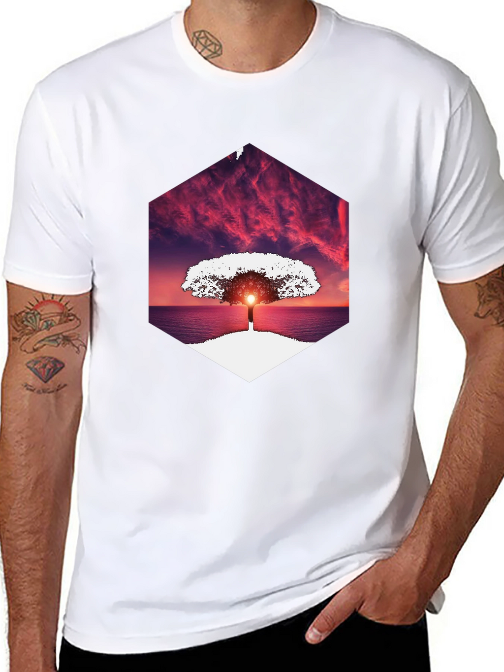 Sunset Tree Graphic Tee - Unique Hexagon Design