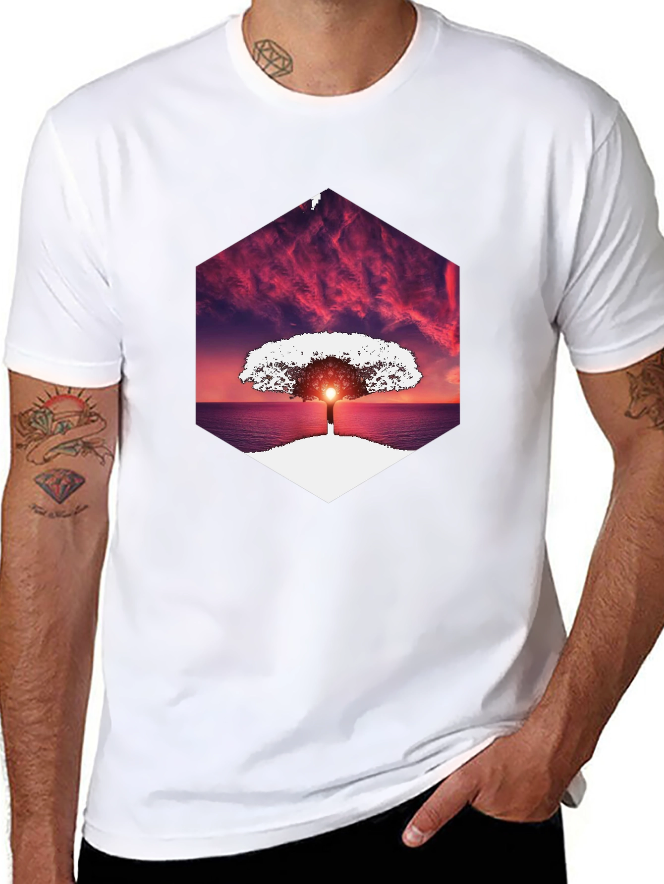 Sunset Tree Graphic Tee - Unique Hexagon Design