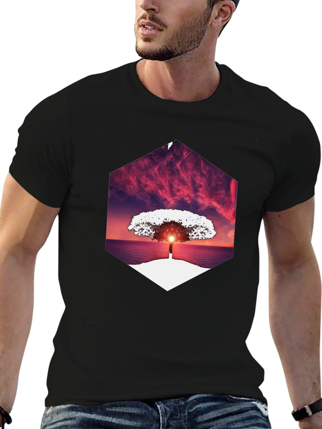 Sunset Tree Graphic Tee - Unique Hexagon Design