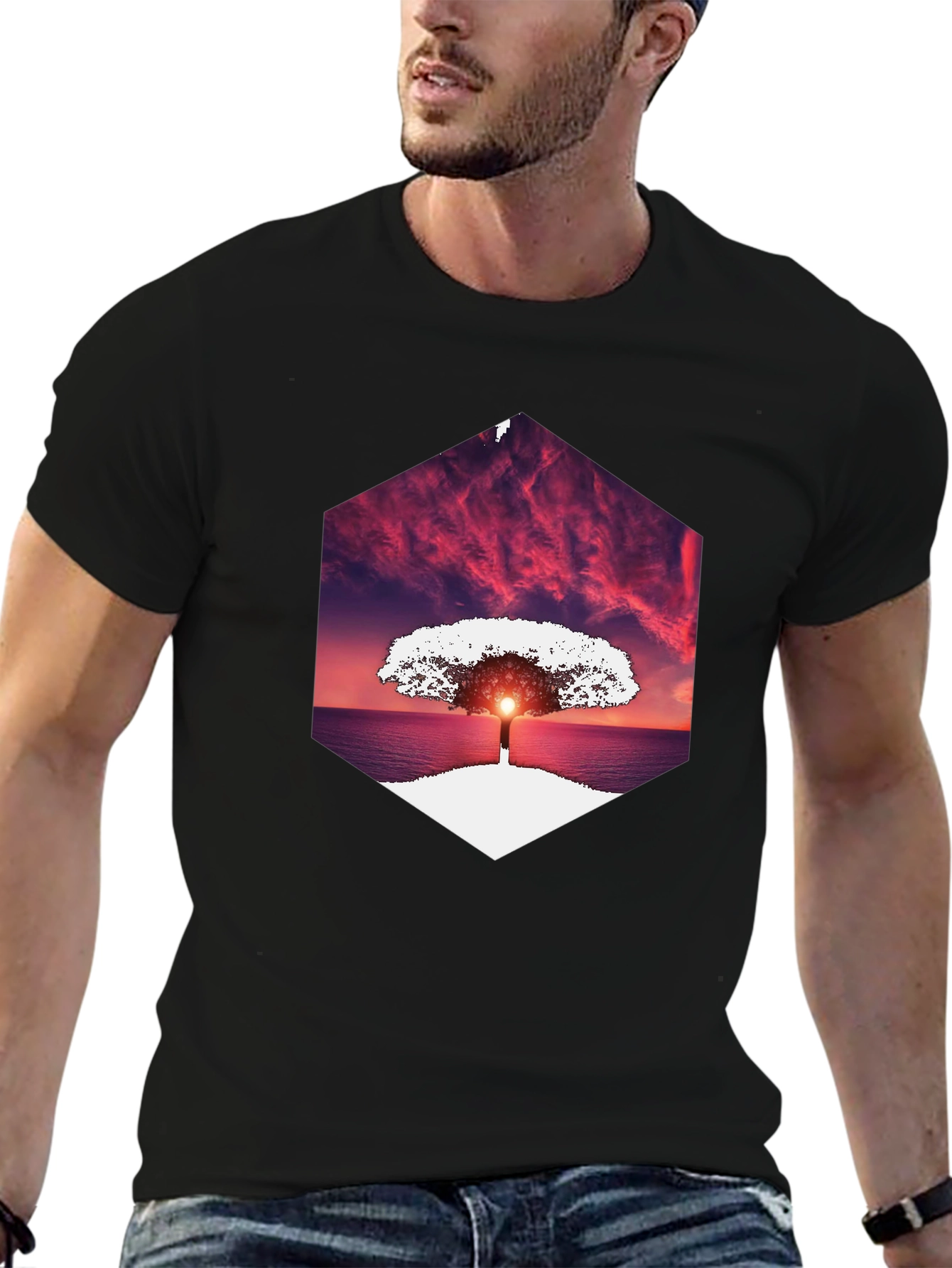 Sunset Tree Graphic Tee - Unique Hexagon Design
