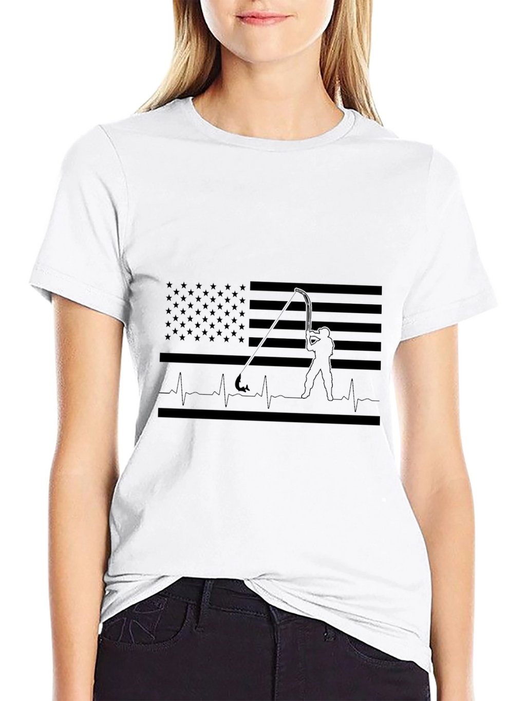 Fishing American Flag Heartbeat T-Shirt